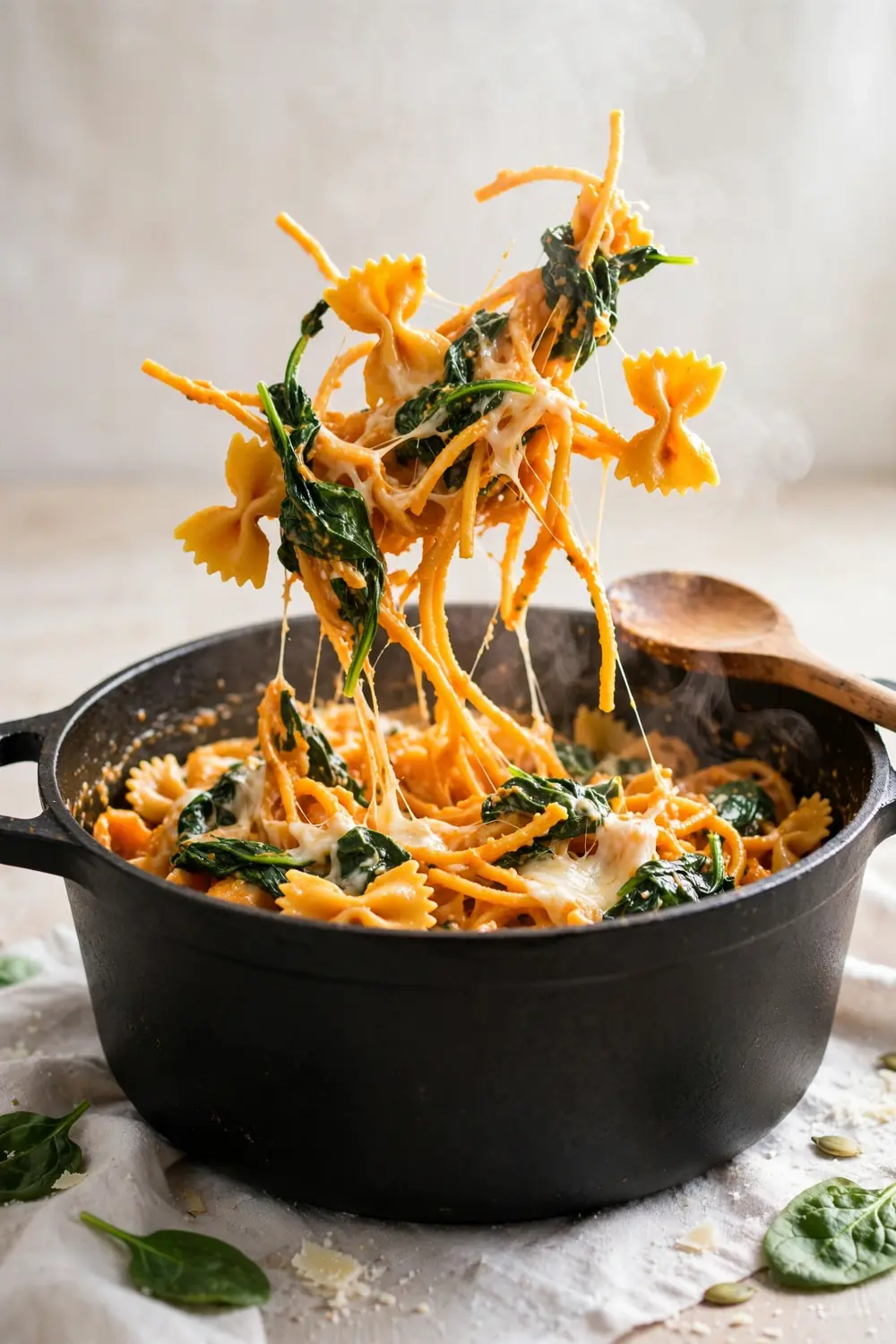 One pot pumpkin pasta cooking with spinach and cheese