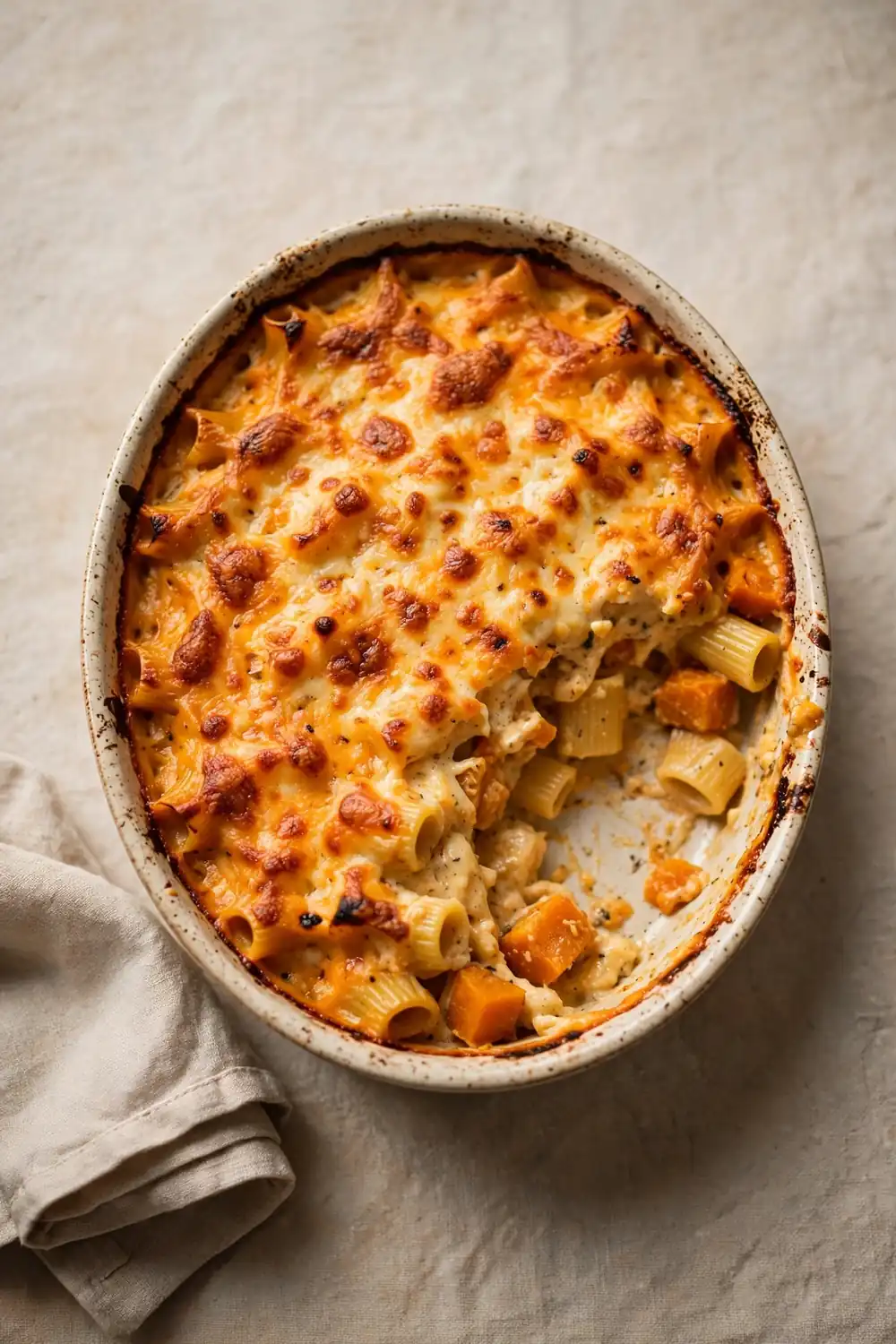 Baked pumpkin pasta gratin with golden cheese top