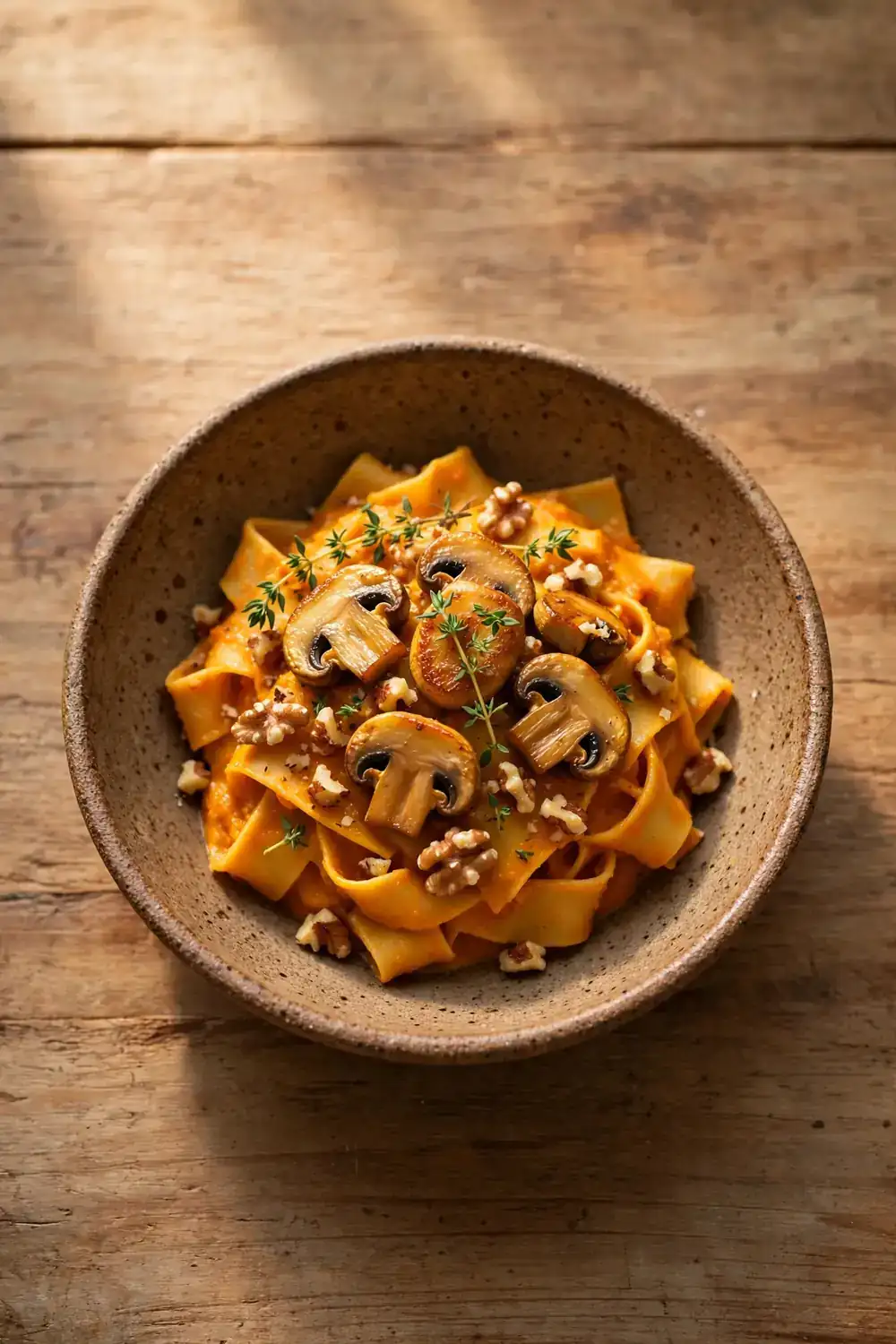 Mushroom walnut pumpkin pasta in a rustic bowl