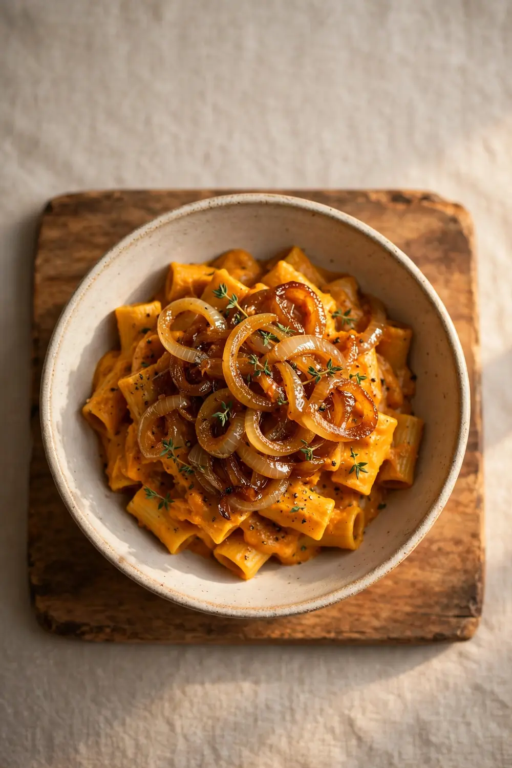 Caramelized onion pumpkin pasta with thyme sprigs