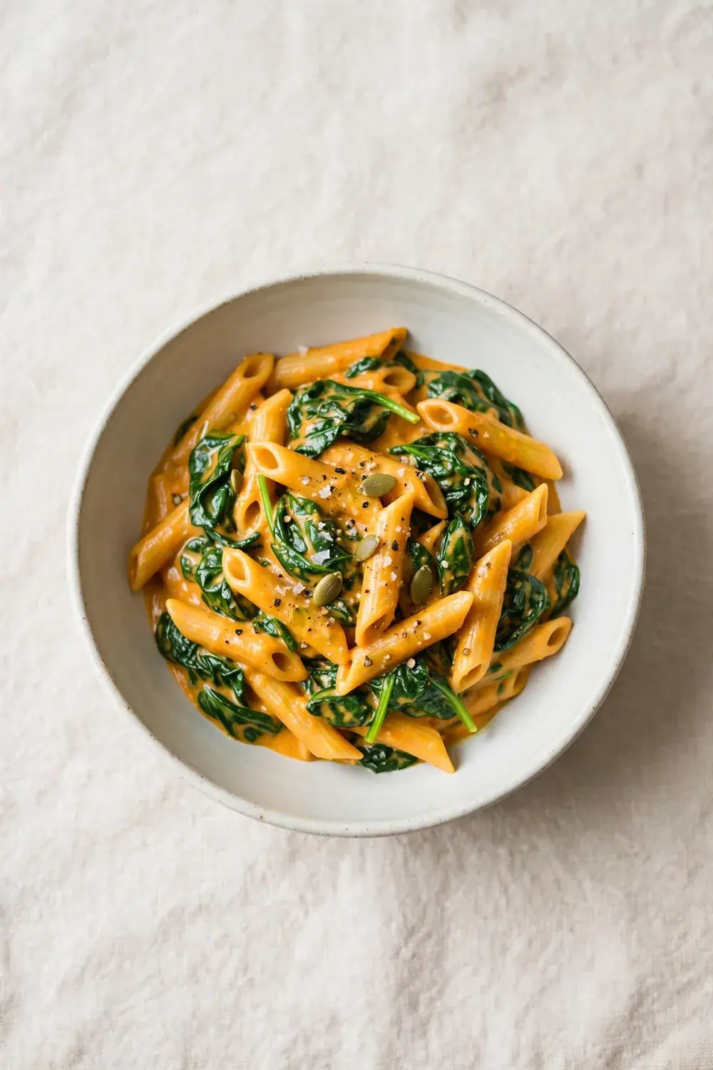 Wilted spinach folded into creamy pumpkin pasta