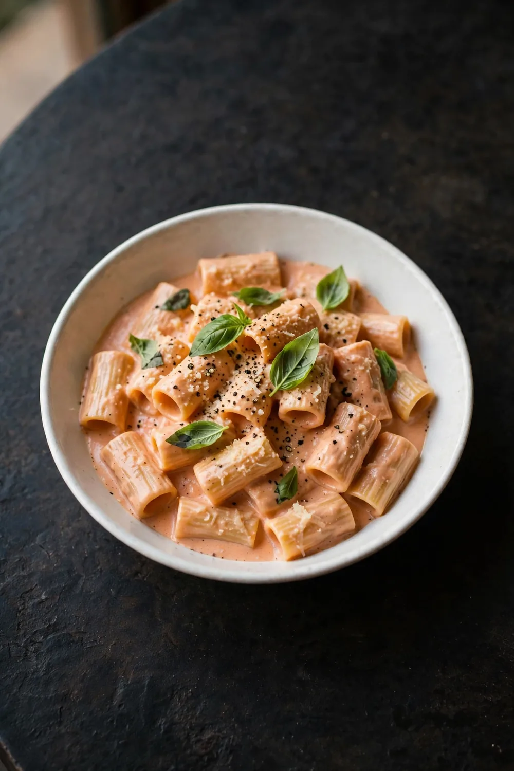 Creamy vodka pumpkin pasta with basil leaves