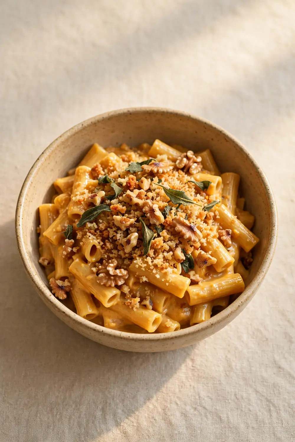 Walnut sage crumble over creamy pumpkin pasta
