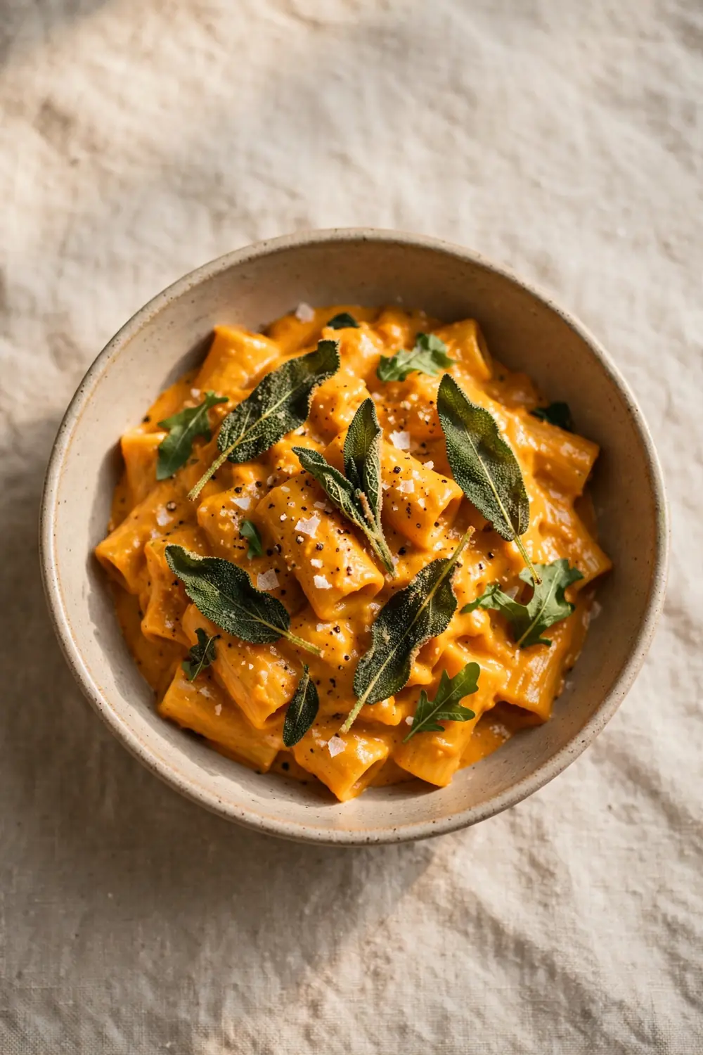Crispy sage leaves over creamy pumpkin pasta