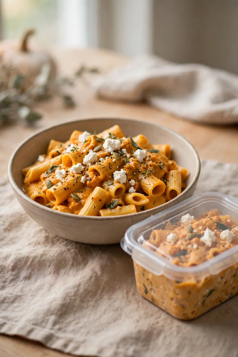 Freezer friendly pumpkin pasta bowl with storage container