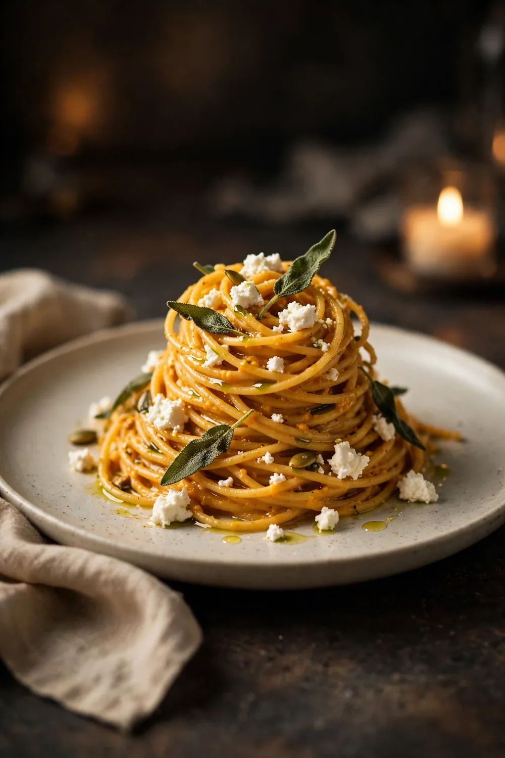 Elegant pumpkin pasta plated for date night