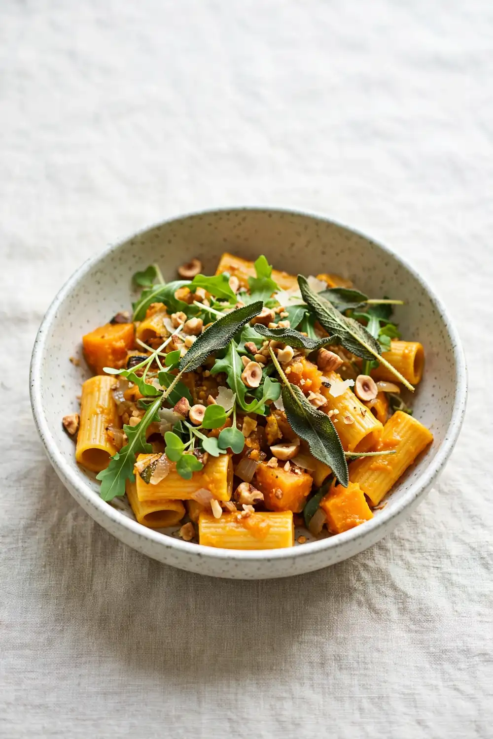 Leftover pumpkin pasta remixed with fresh greens
