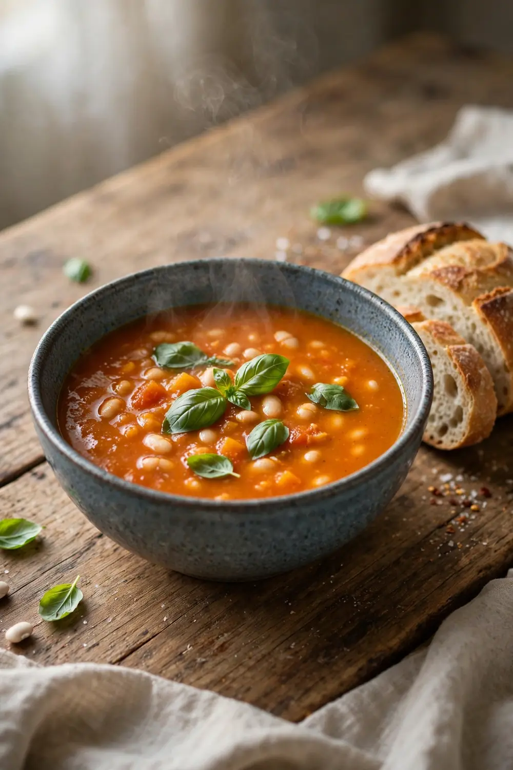 Classic tomato pumpkin soup with white beans and basil in a bowl