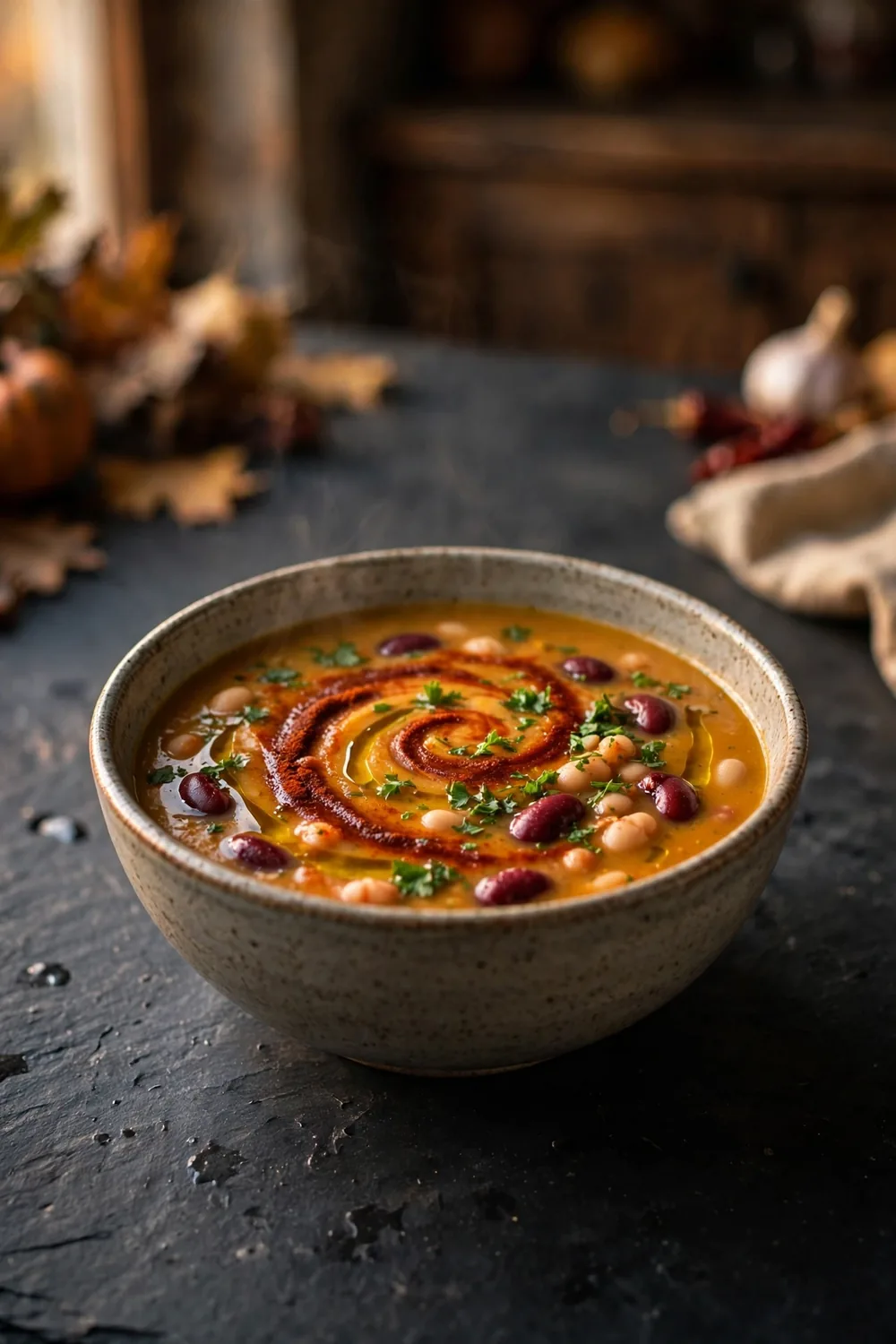 Smoky bean pumpkin soup with parsley and olive oil
