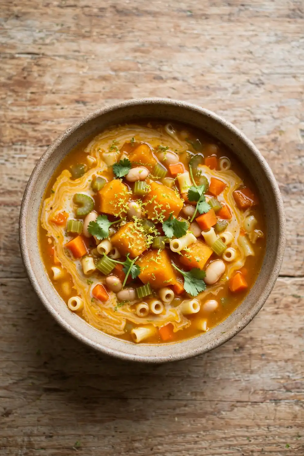 Chunky pumpkin soup with coconut swirl, lime and cilantro