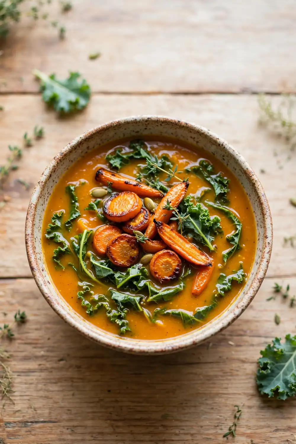 Rustic kale pumpkin soup with caramelized vegetables
