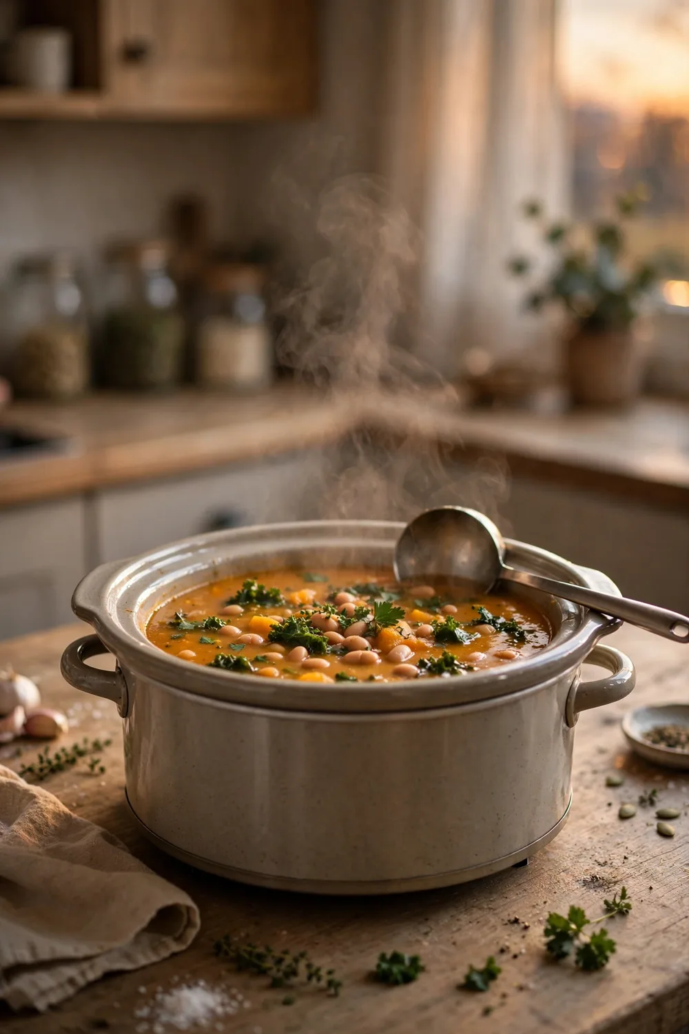 Slow cooker pumpkin soup with beans and greens