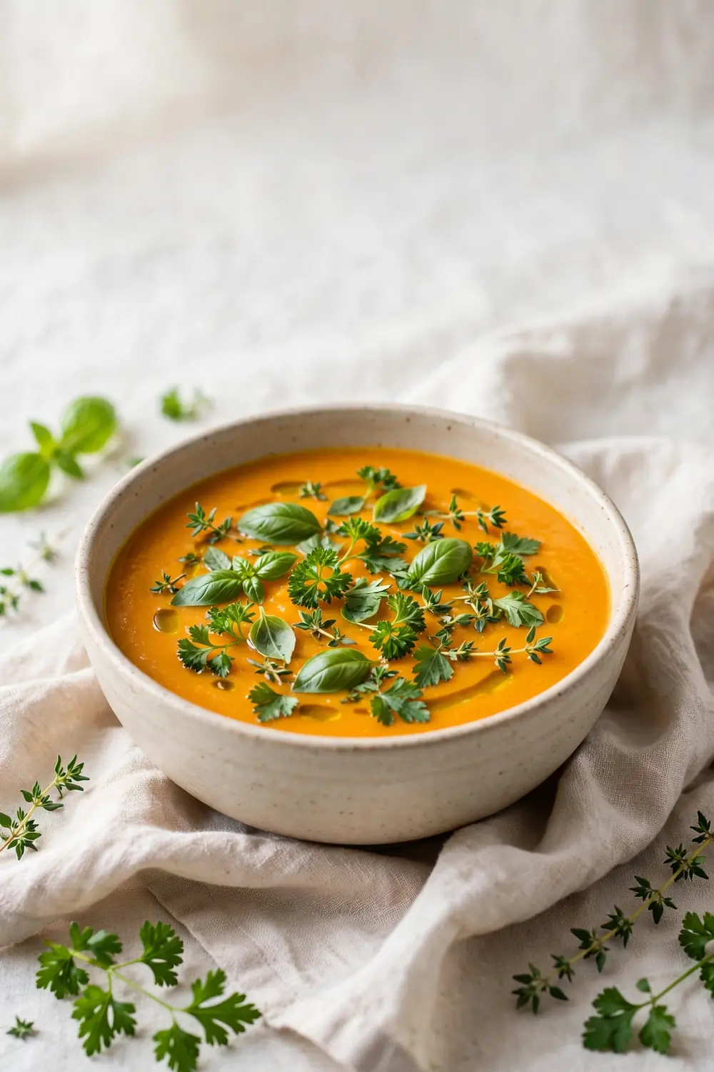 Herb finished pumpkin soup with fresh basil and parsley