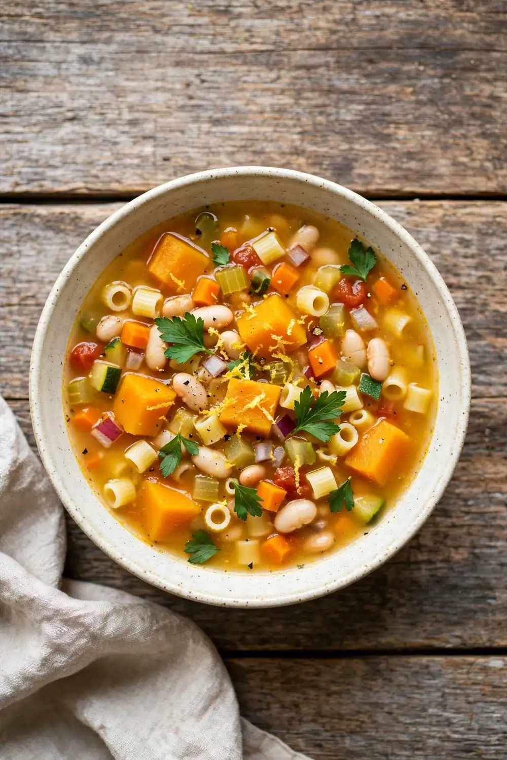 Chunky pumpkin soup with white beans, lemon zest and parsley