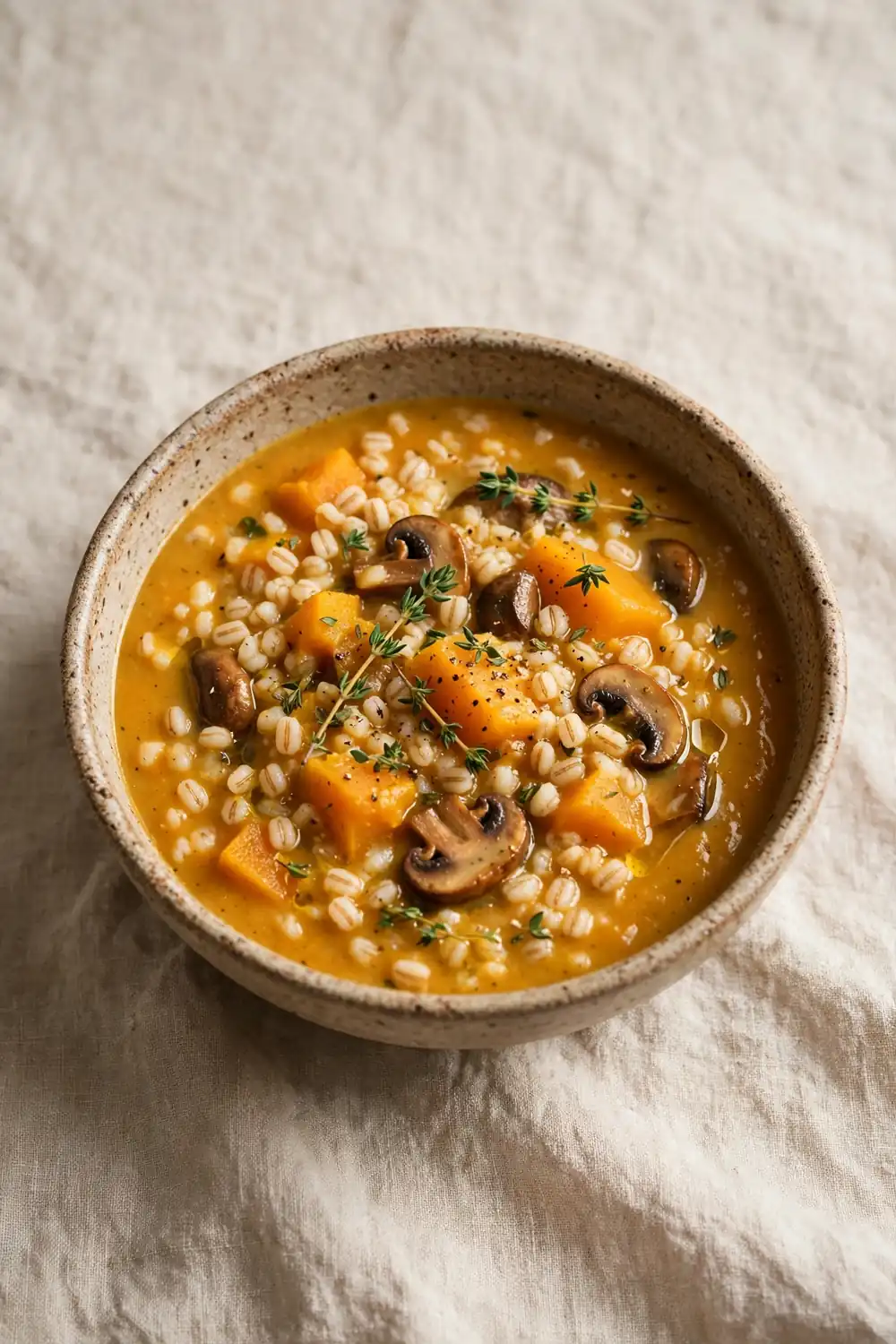 Barley pumpkin soup with mushrooms and thyme