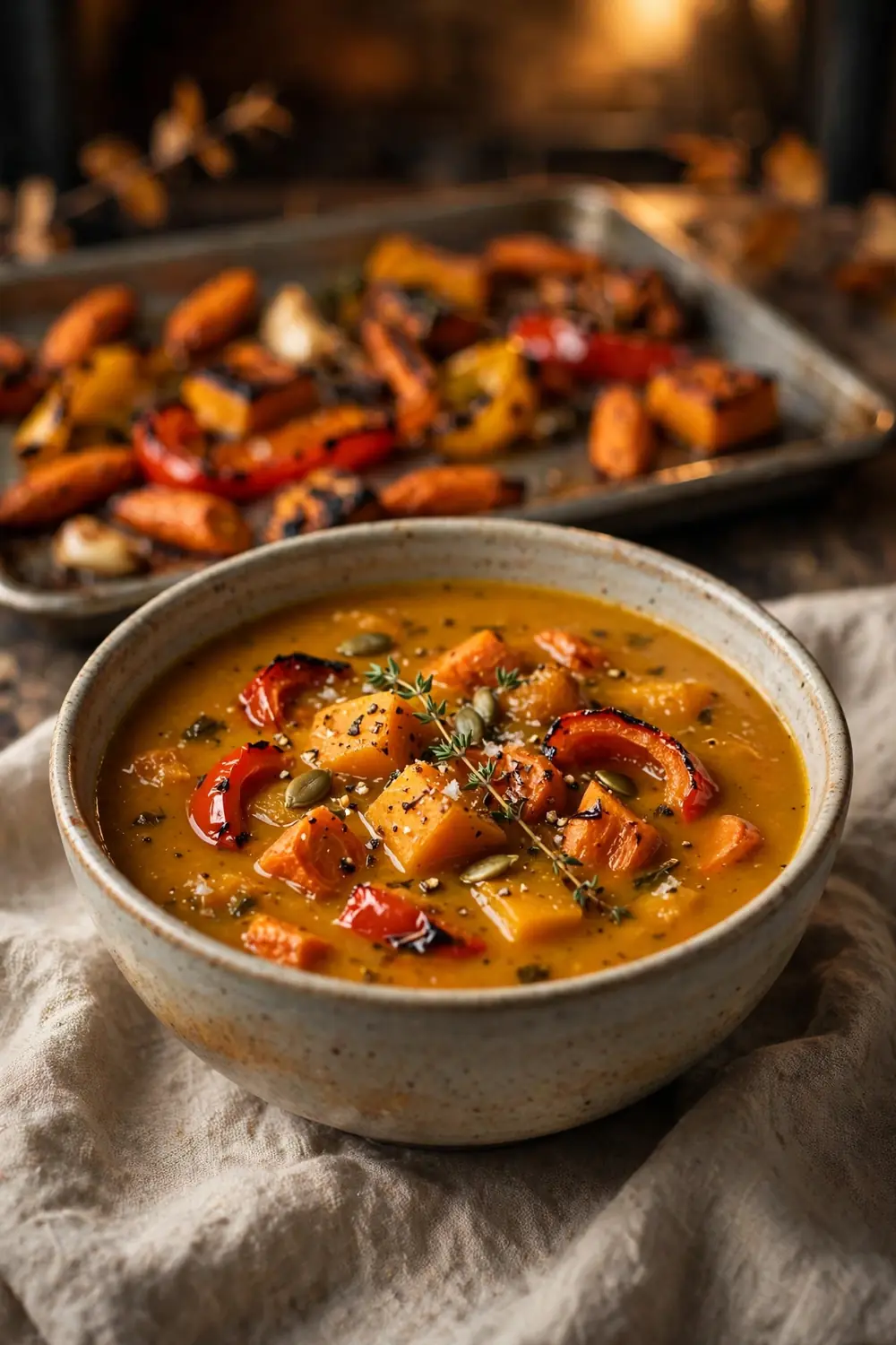 Roasted vegetable pumpkin soup with caramelized carrots