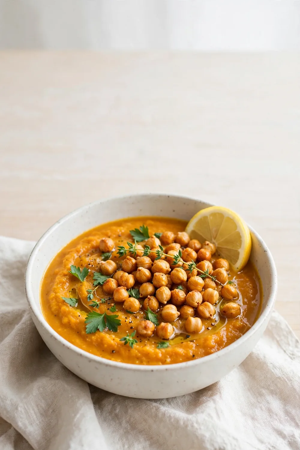 Chickpea pumpkin soup with crunchy roasted chickpea topping