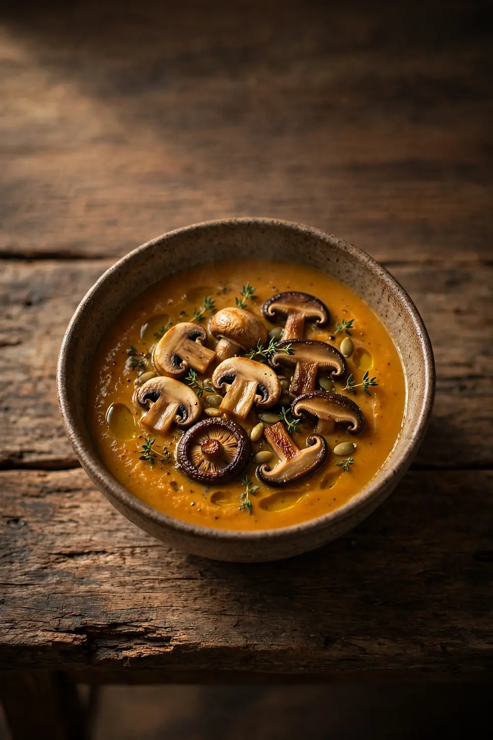 Mushroom pumpkin soup with seared cremini and herbs