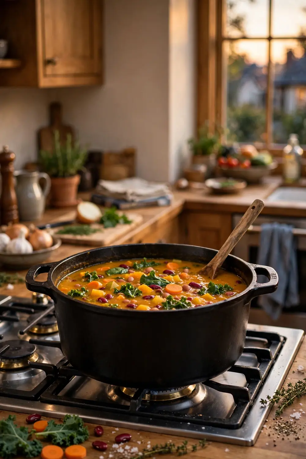One pot weeknight pumpkin soup with vegetables and beans