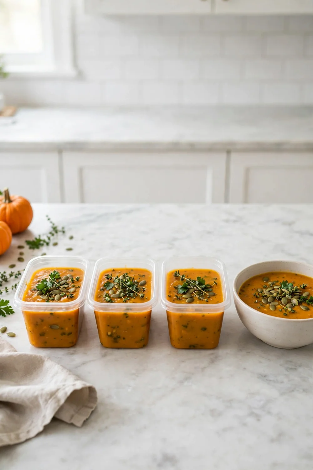 Freezer friendly pumpkin soup packed in containers