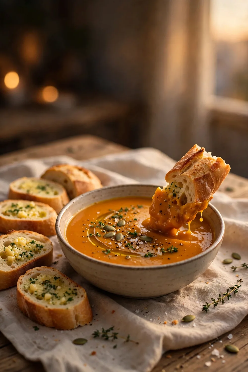 Crusty bread served beside pumpkin soup for dunking