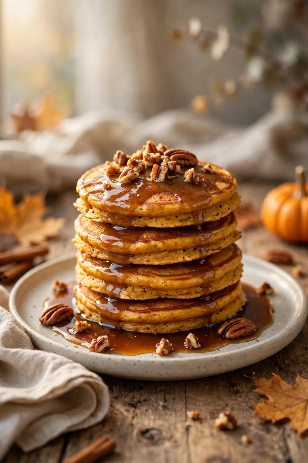 Brown butter pumpkin pancakes with pecan crunch