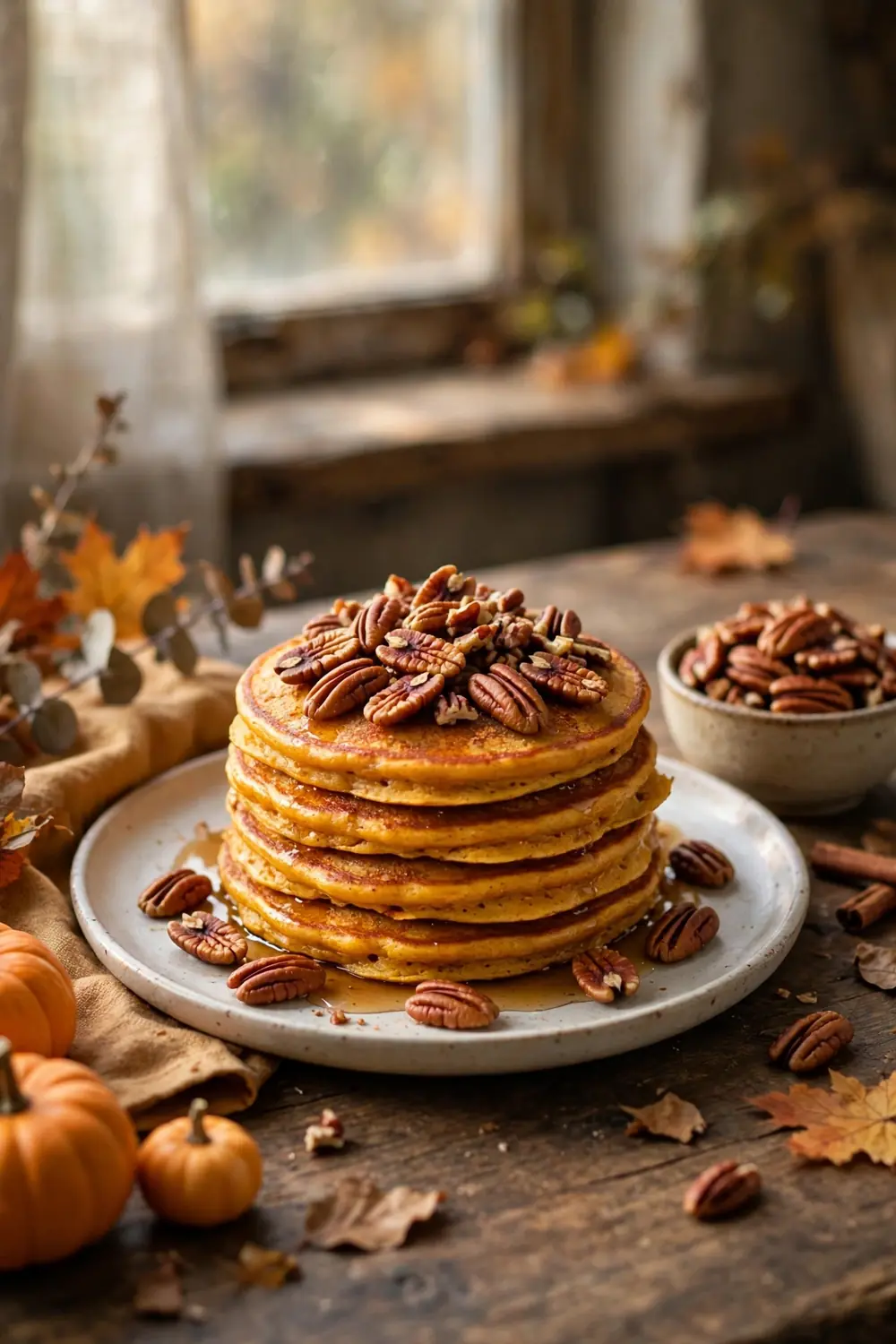 Pumpkin pancakes with toasted pecan topping