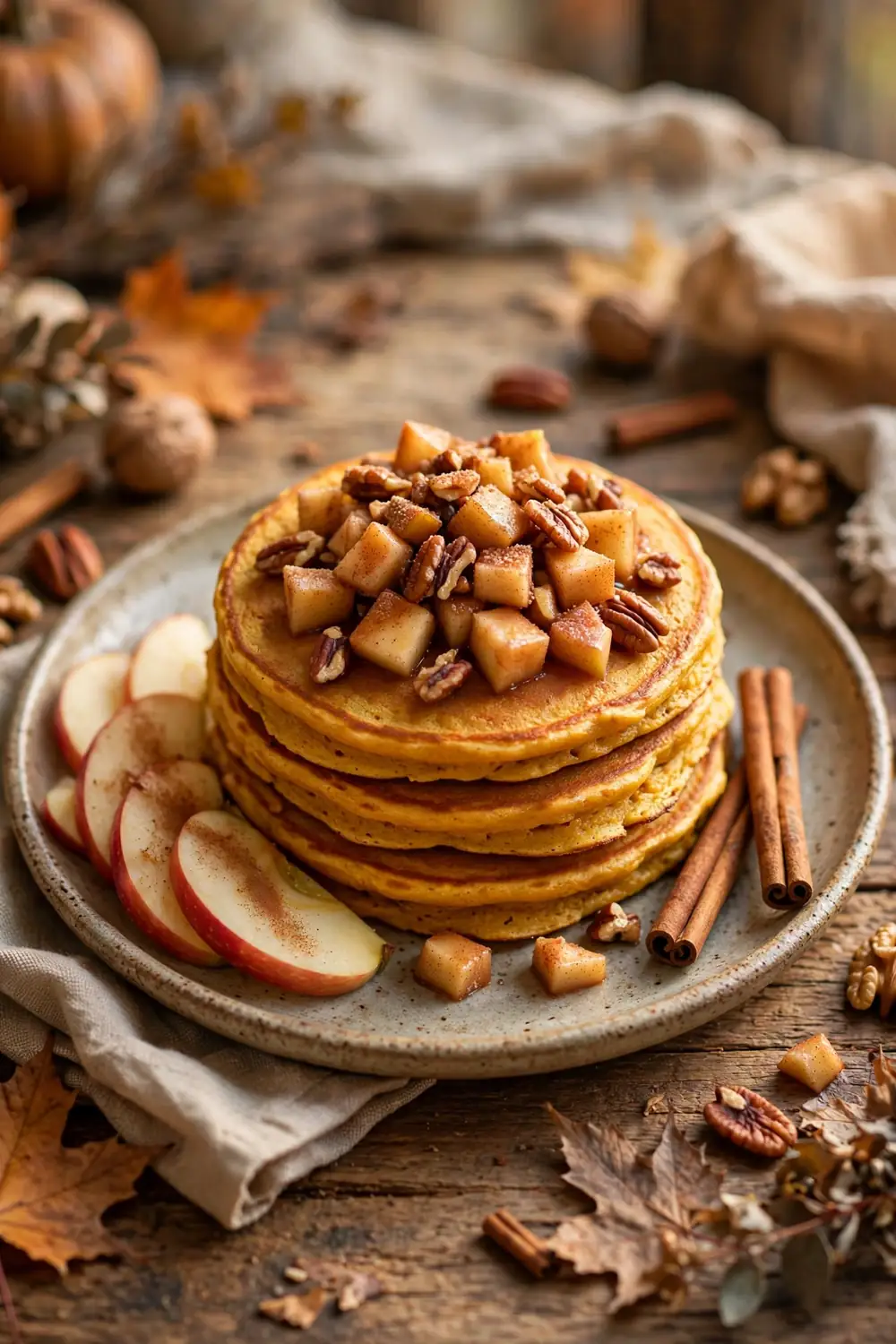 Pumpkin pancakes with apple and pecans