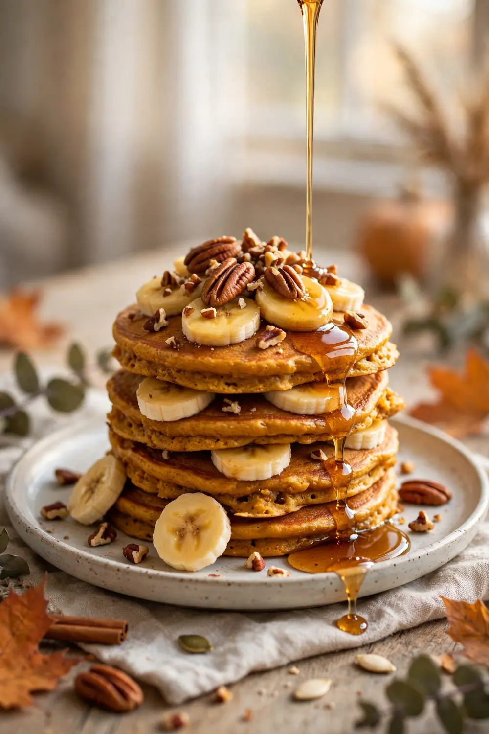 Pumpkin banana pancakes with pecans
