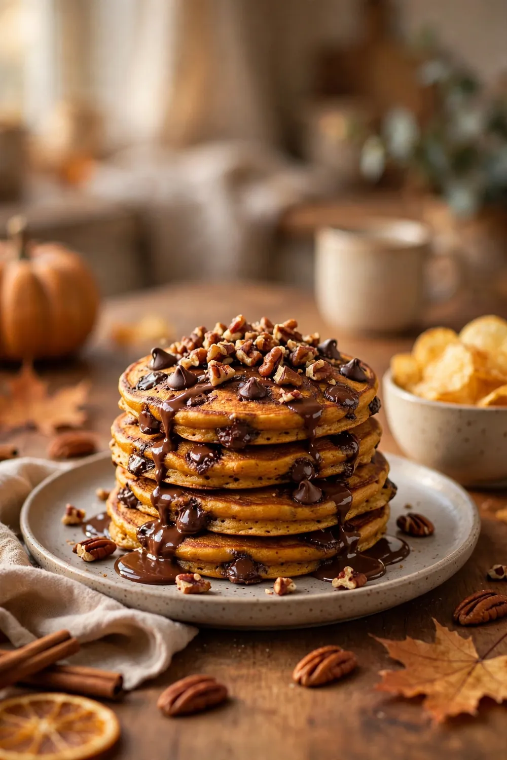 Pumpkin pancakes with chocolate chips and pecans