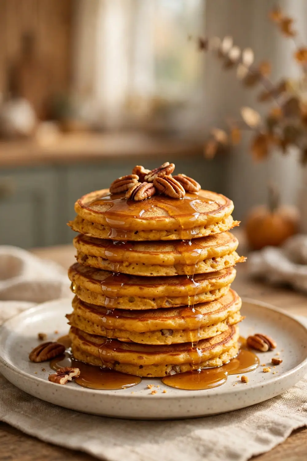 Stack of pumpkin pancakes with pecans and maple syrup