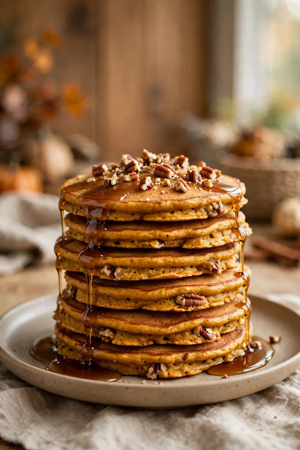 Stack of pumpkin pancakes with pecans and maple syrup