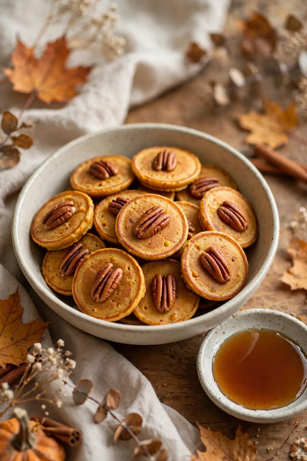 Bowl of mini pumpkin pancakes with pecans and syrup