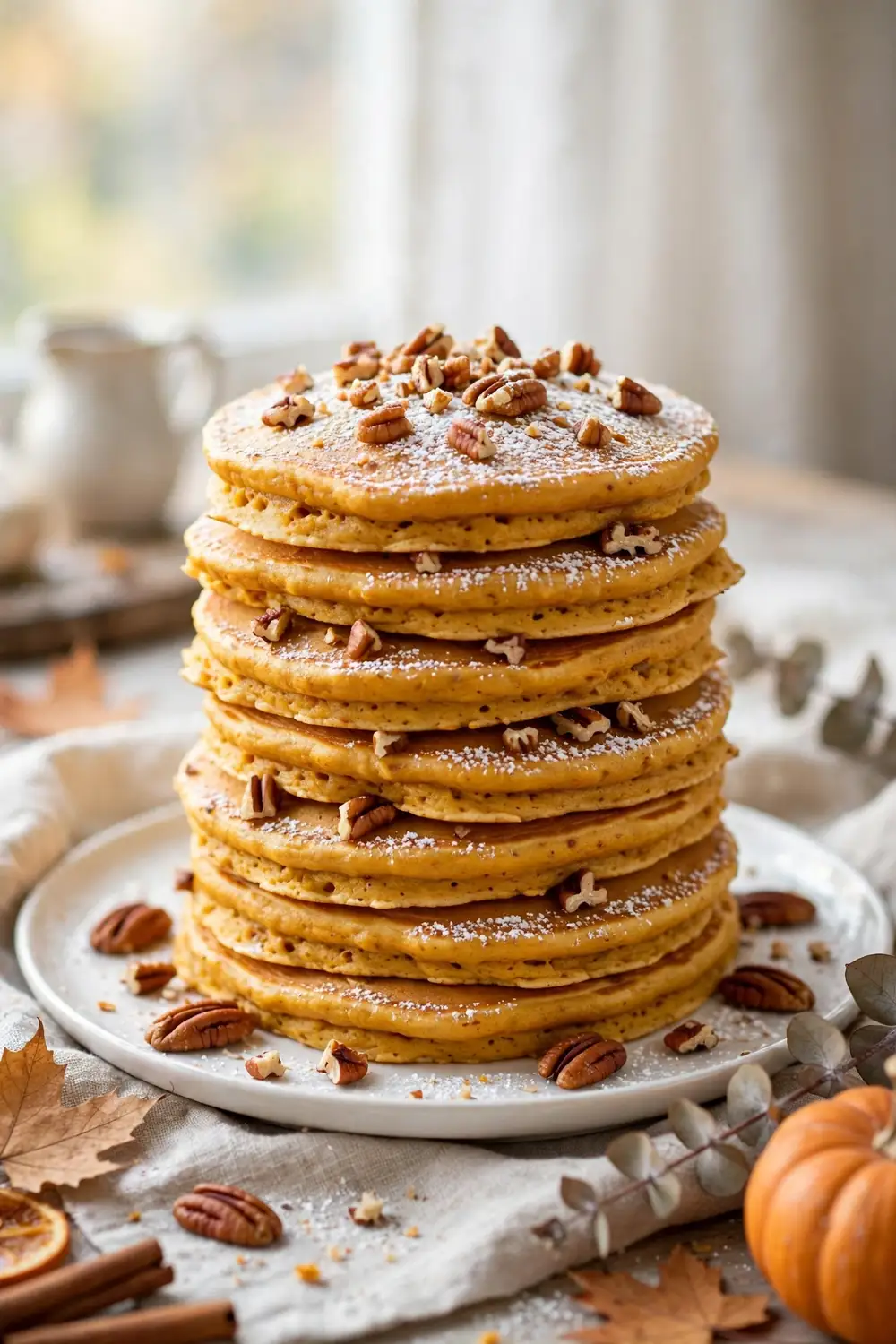 Fluffy ricotta pumpkin pancakes with pecans