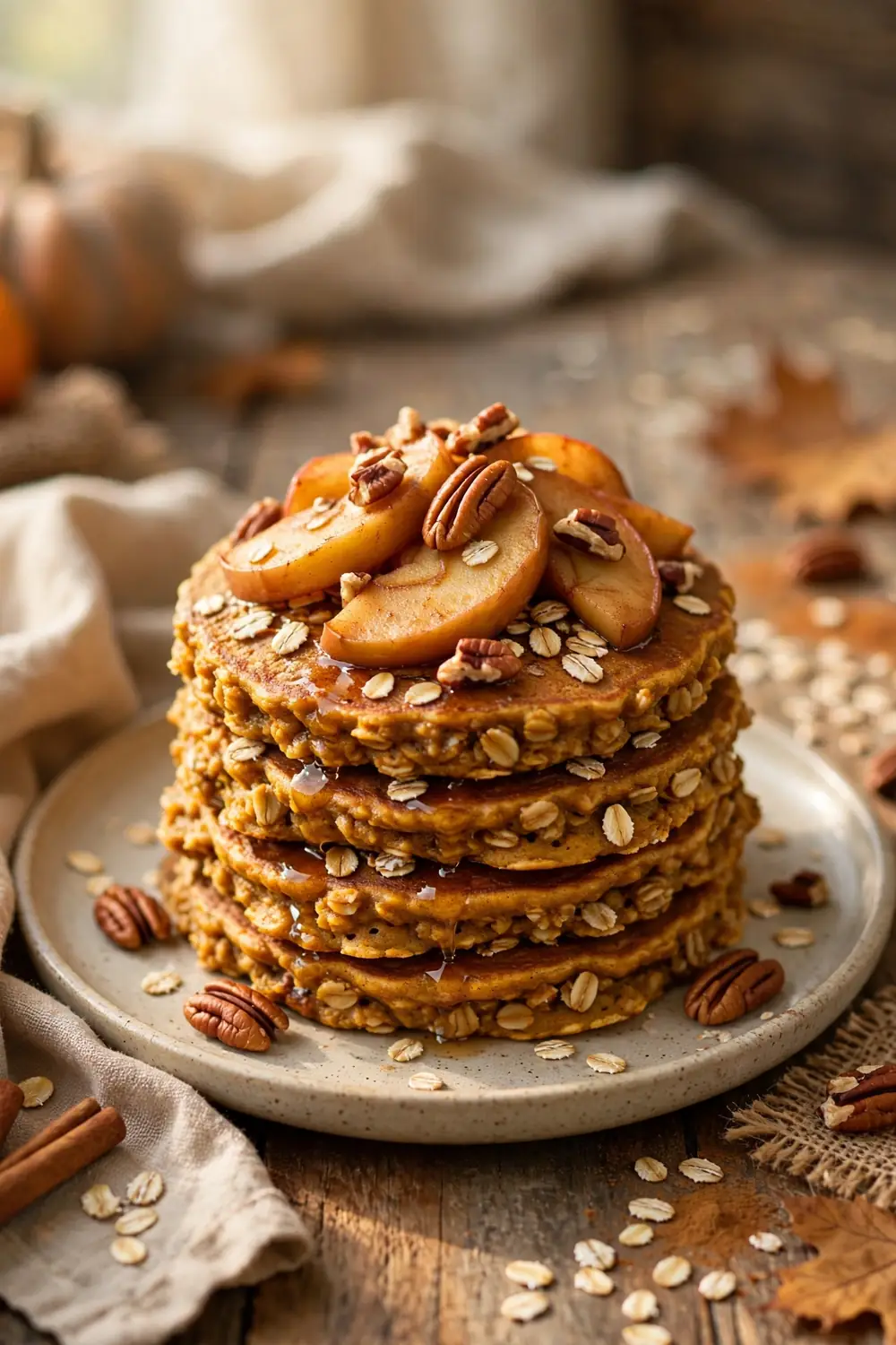 Oatmeal pumpkin pancakes with pecans