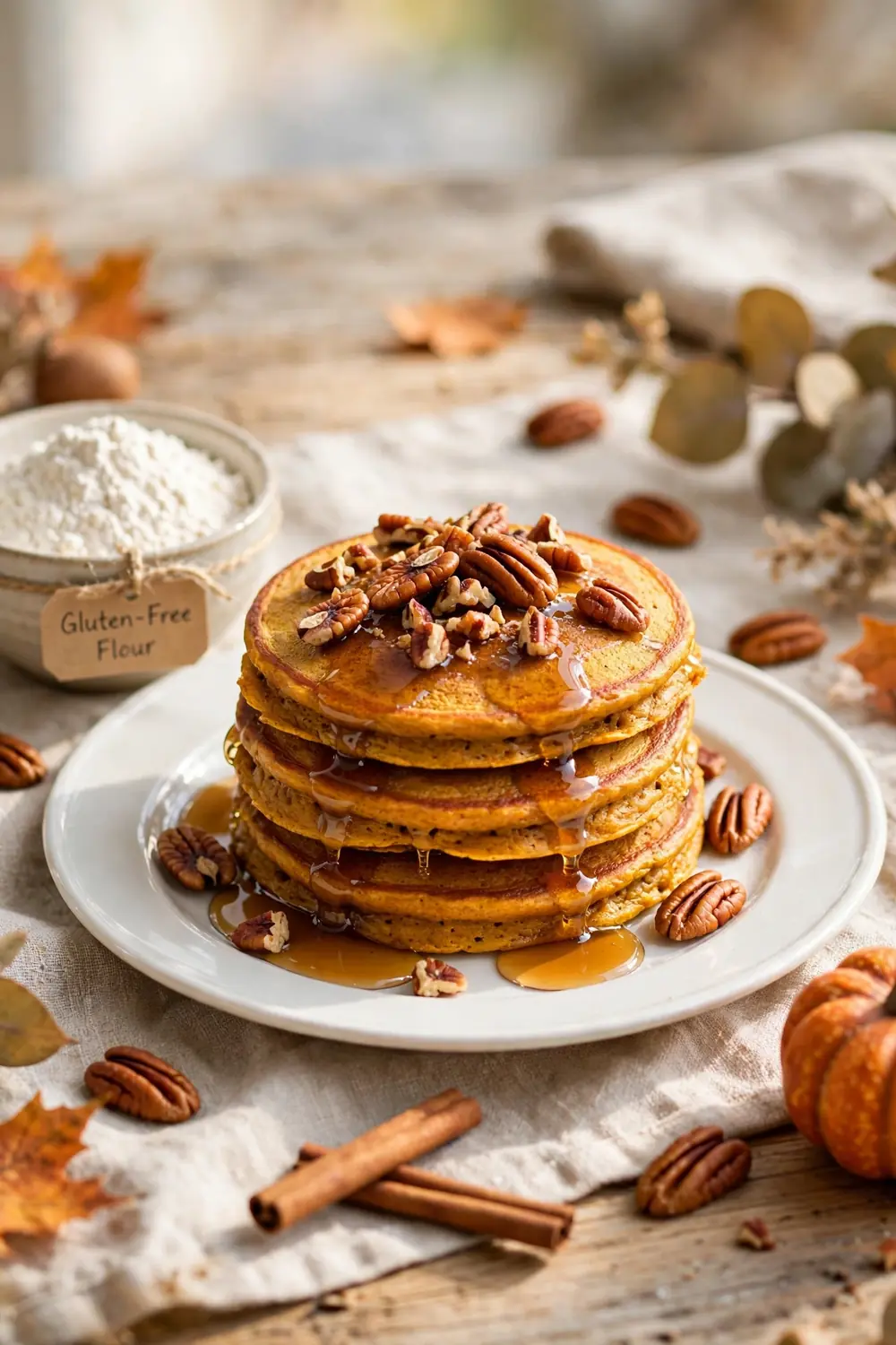 Gluten free pumpkin pancakes with pecans