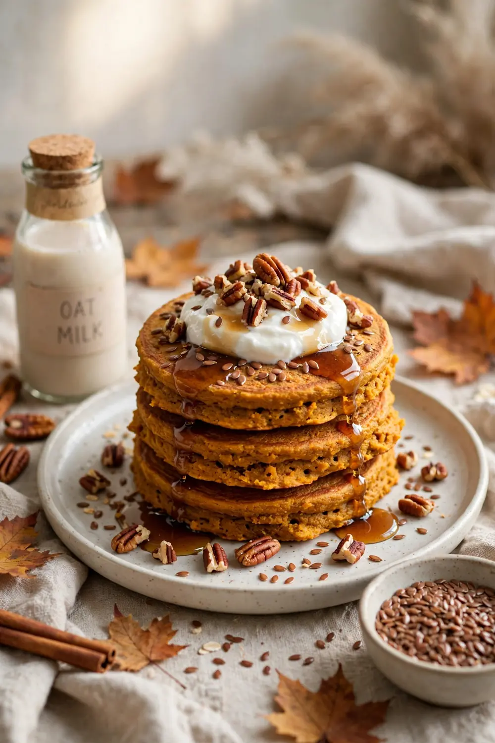 Vegan pumpkin pancakes with pecans