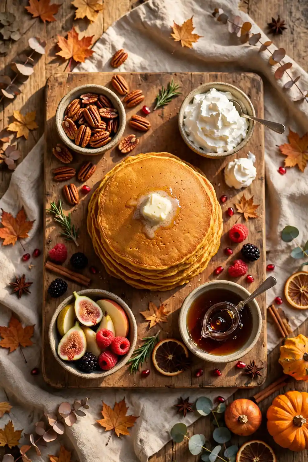 Pumpkin pancake brunch board with pecans