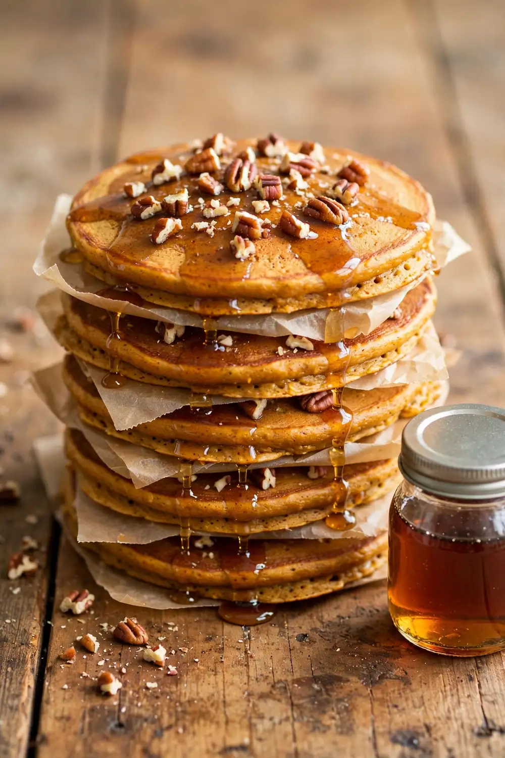 Freezer friendly pumpkin pancakes with pecans