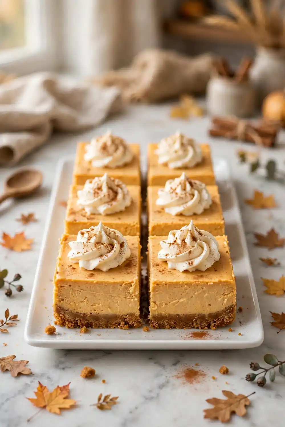 Pumpkin cheesecake bars with whipped cream