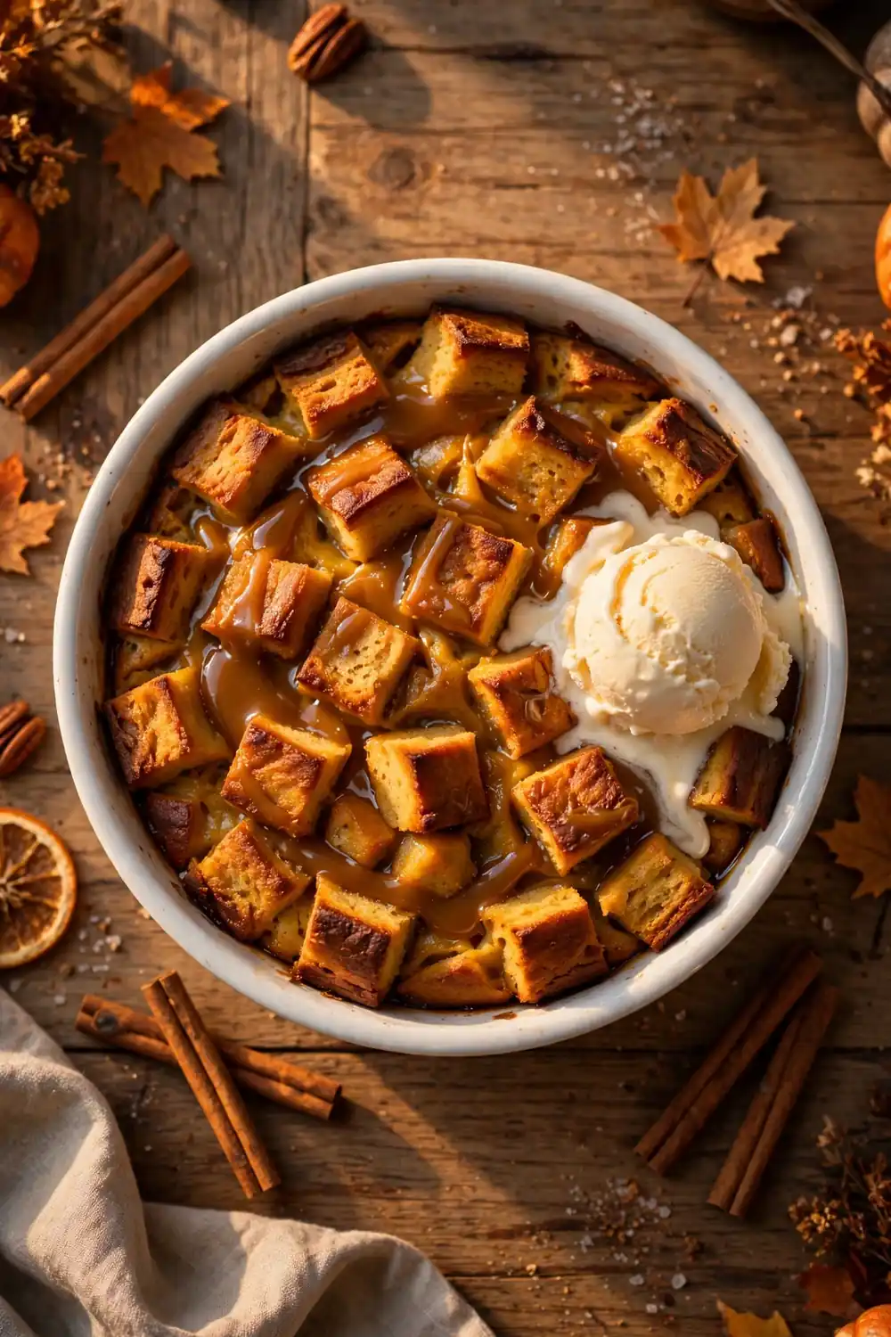 Pumpkin bread pudding in a baking dish