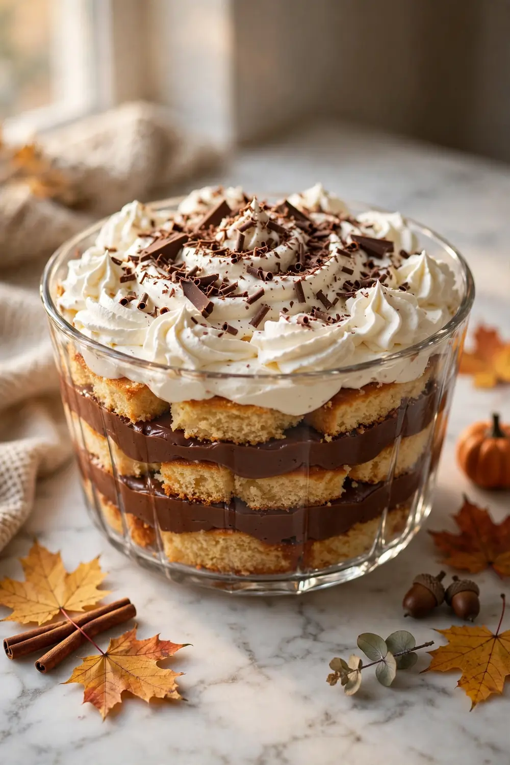 Pumpkin chocolate trifle in a glass bowl