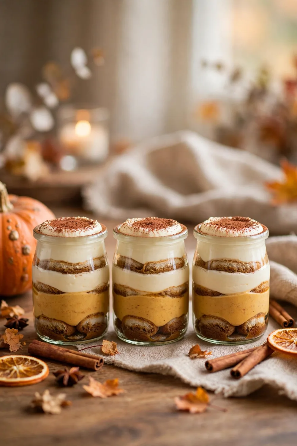 Pumpkin tiramisu cups with cocoa dusting