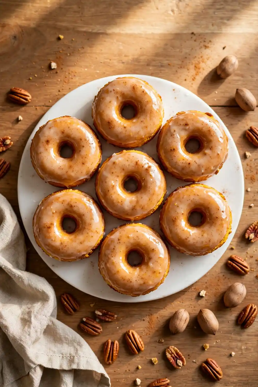 Glazed pumpkin donuts on a platter