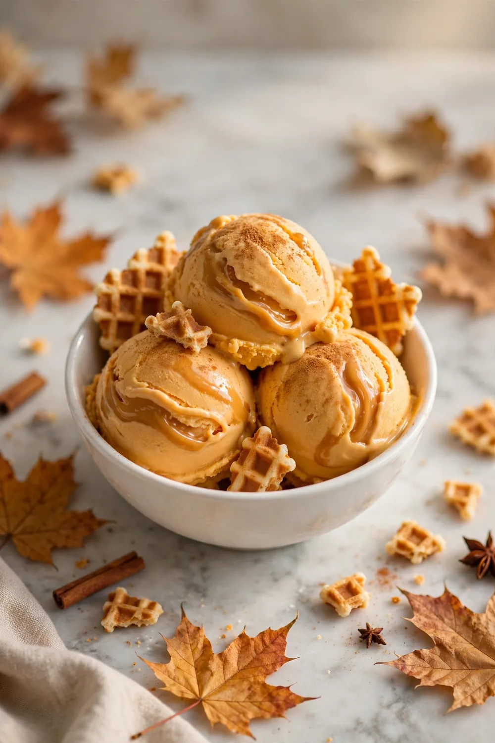 Pumpkin ice cream scoops in a bowl