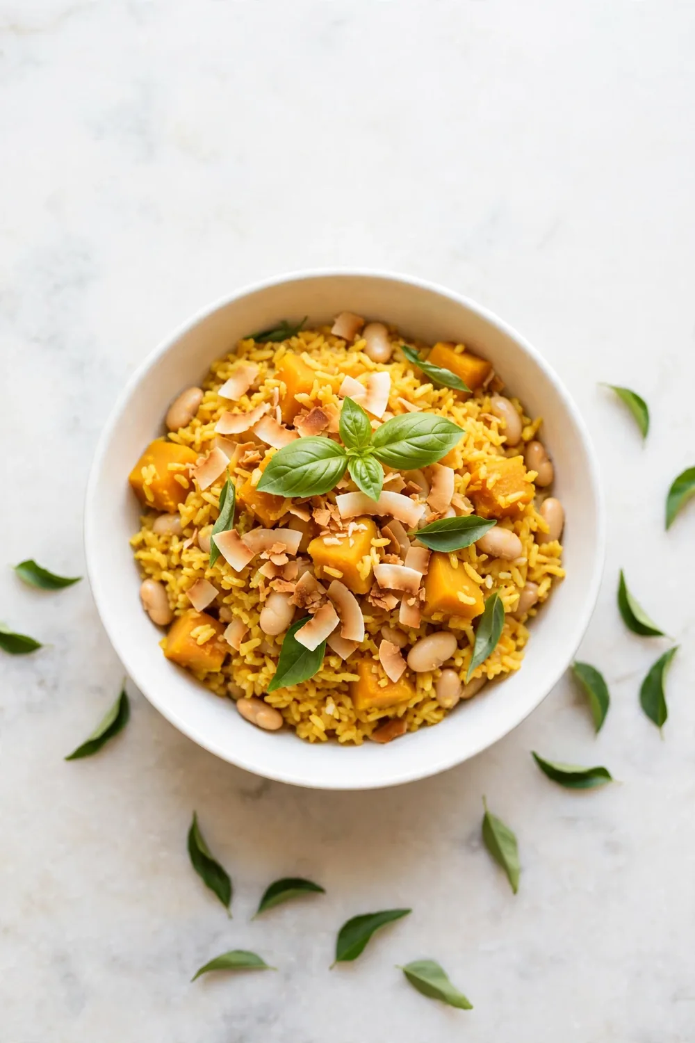 Coconut curry bowl of pumpkin rice with white beans