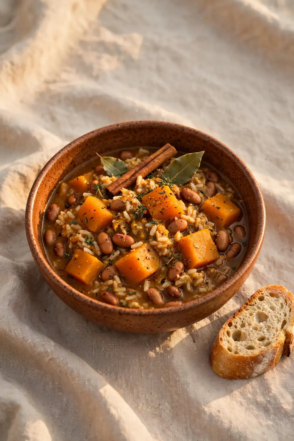 Spiced harvest stew with pumpkin, rice, and pinto beans