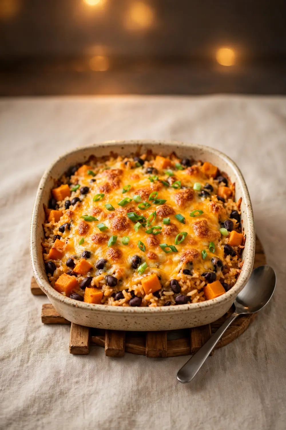 Cheesy baked casserole of pumpkin rice with black beans