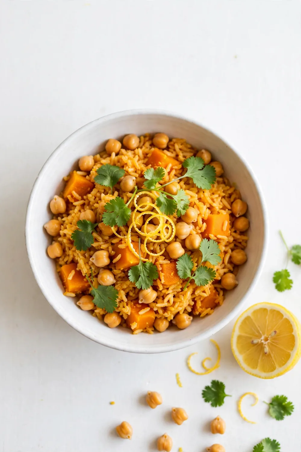 Lemon cilantro bowl of pumpkin rice with chickpeas