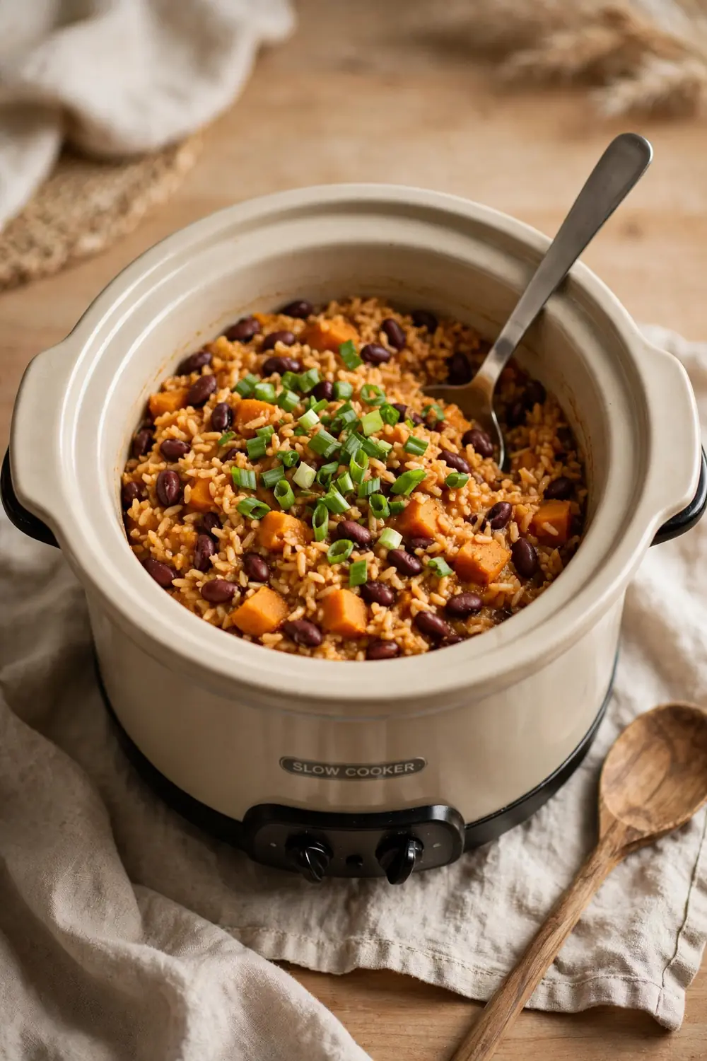 Slow cooker supper of pumpkin rice with navy beans